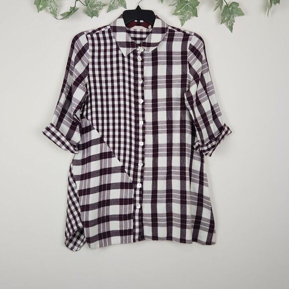 Soft Surroundings Tops - Soft Surroundings Size L Plaid Burgundy Purple 3/4 Sleeve Cotton Blend Tunic Top